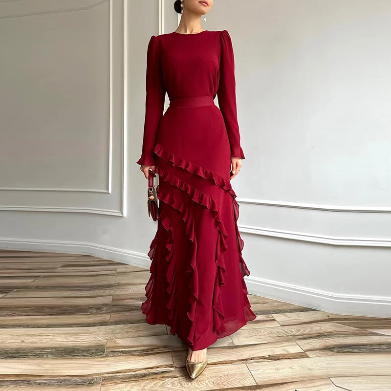 2025 Spring Fall Solid 2pc Set Elegant Slim Design Suit Banquets Fashion Women's O Neck Long Sleeved Top + Ruffled Skirt Outfit
