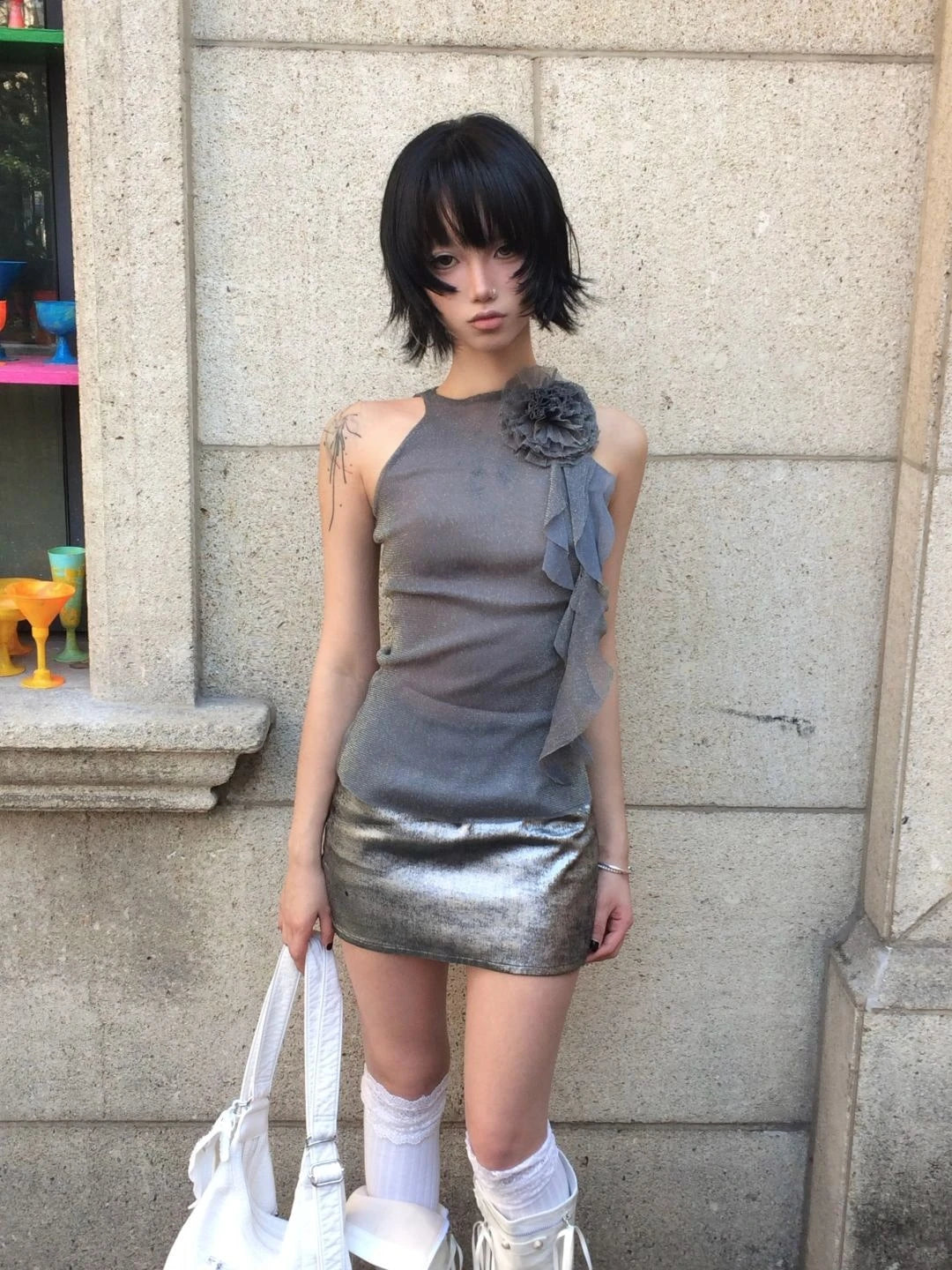 Karrram Japanese Y2k Mesh Tank Top Trashy 2000s Style Sleeveless Tops Vintage Harajuku Flower Irregular Tanktop Fairy Aesthetics
