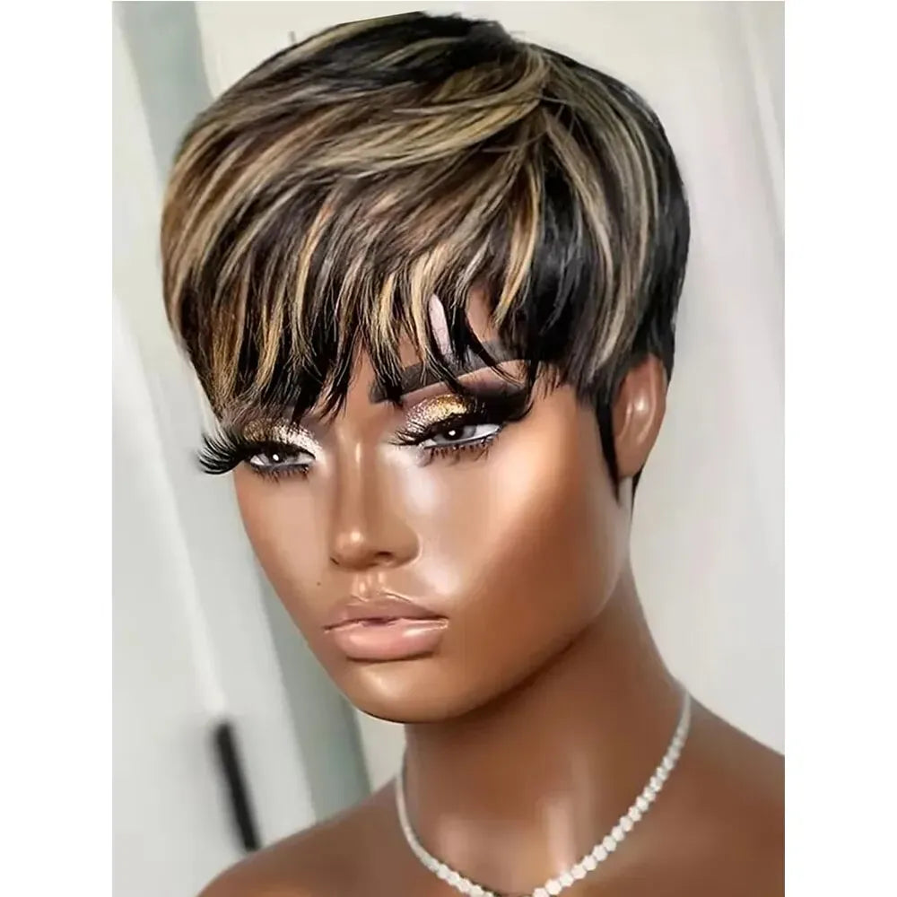 Human Hair Short Pixie Cut Wig 4# Staright Layered Pixie Cut Wig P4/27 Ombre Brown Full Machine Made Burgundy Red Color 613#