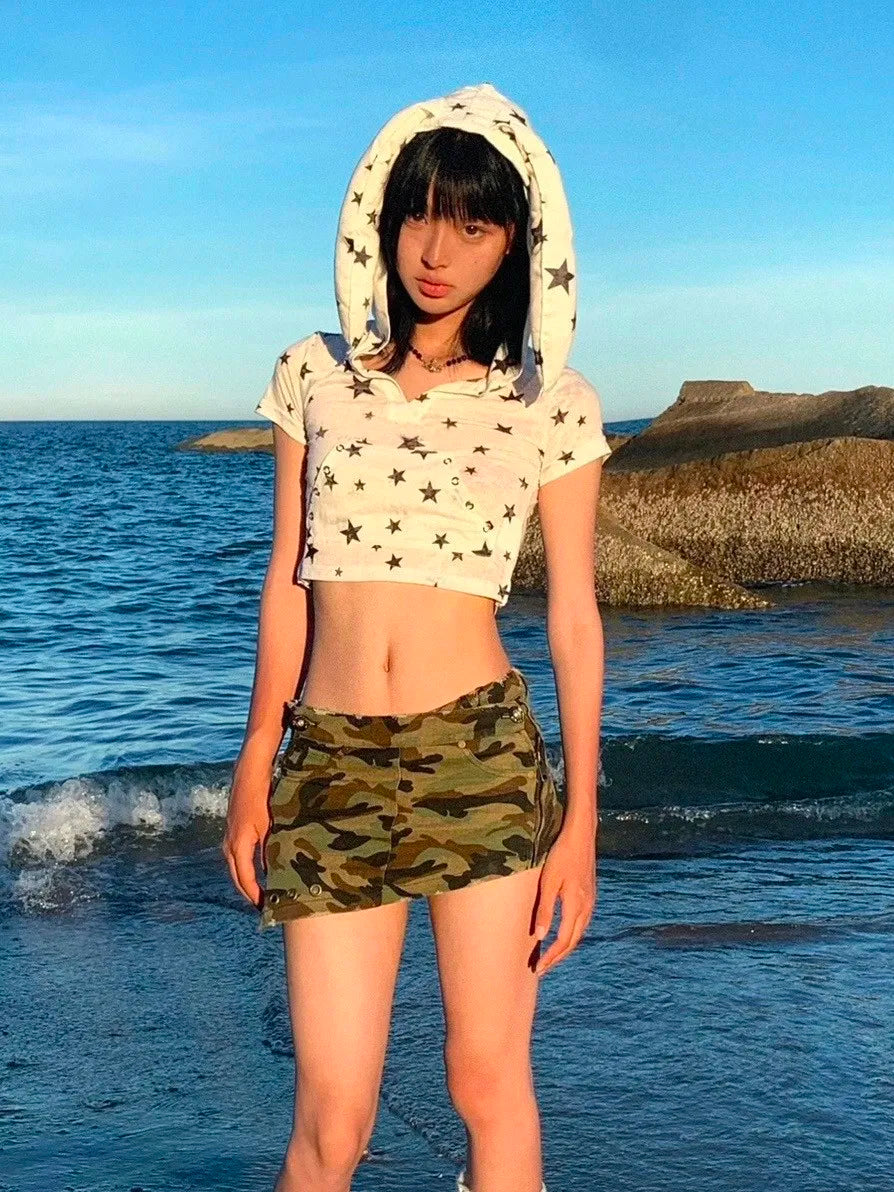 Karrram Japanese Y2k Hooded T-shirt Vintage 2000s Style Rabbit Ears Tops Harajuku Star Print Short Sleeve T Shirt Korean Popular