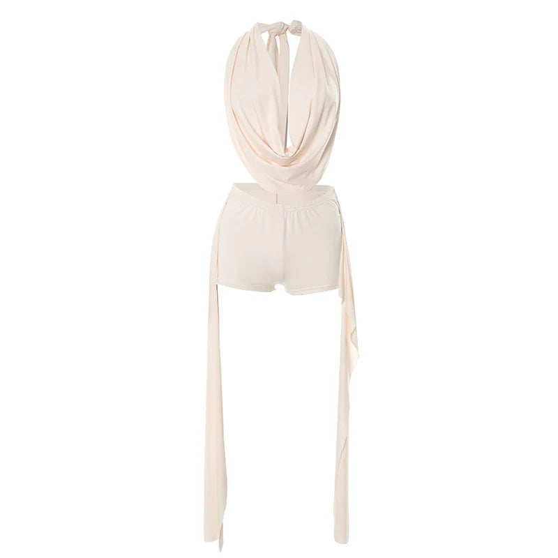 Joskaa 2025 Summer Beach Style 2 Piece Sets Women Sexy Backless Bandage Halter Tops and Ribbons Shorts Matching Vacation Outfits