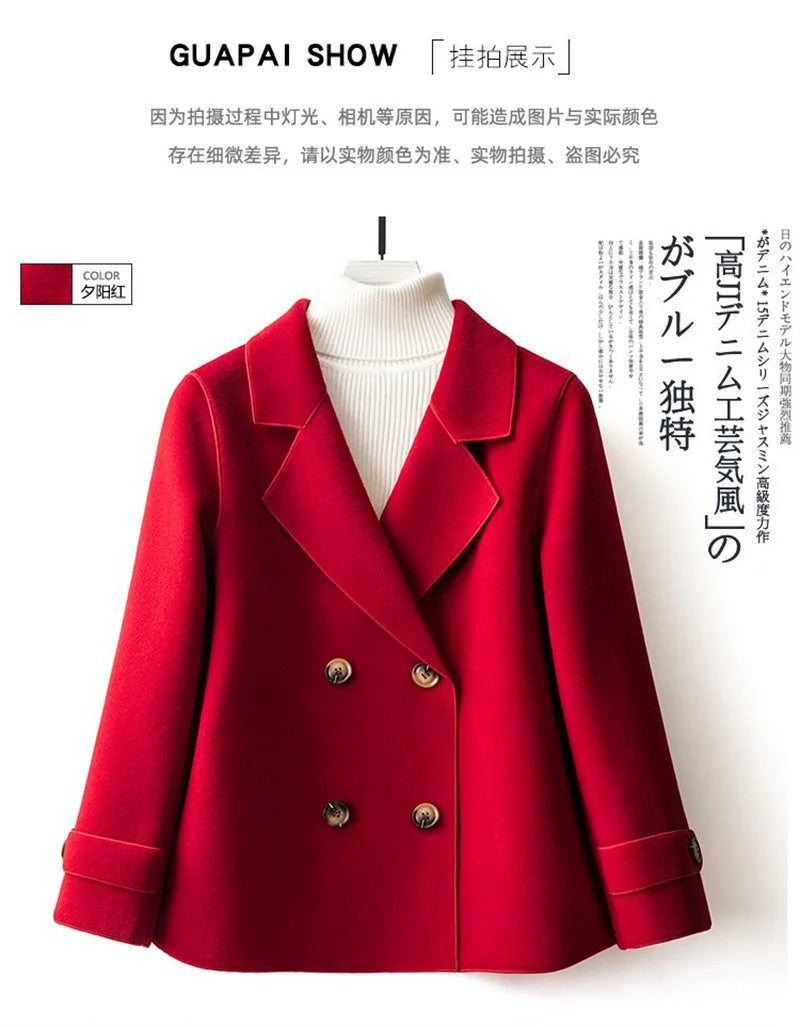 High-Quality Double-Sided Woolen Coat For Women 2024 New Short With Temperament Doll Neck Mother's Outfit Woolen Coat Female Red
