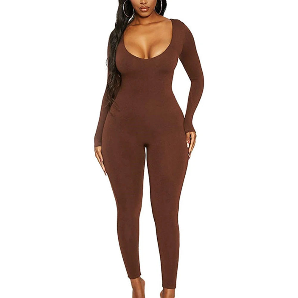 Spring Summer New Women's Long Sleeve Solid Color Skinny Jumpsuit Fashion Sports Fitness Pullover Casual Wear