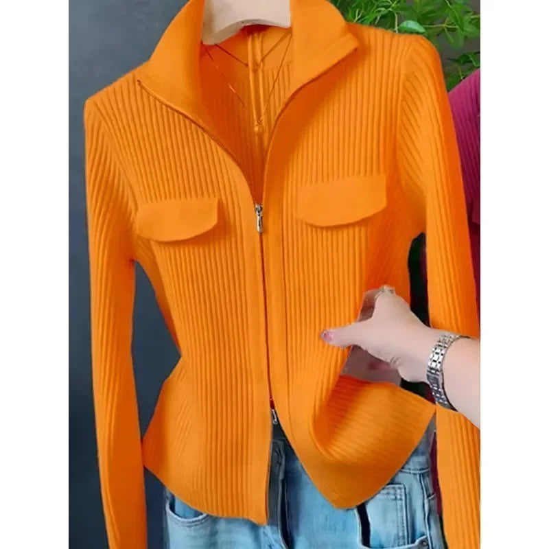 Fashion Zipper Short Knitted Cardigan Sweater 2025 Spring Autumn New Korean Versatile Coat Top Turn-Down Col Sweater Solid Color
