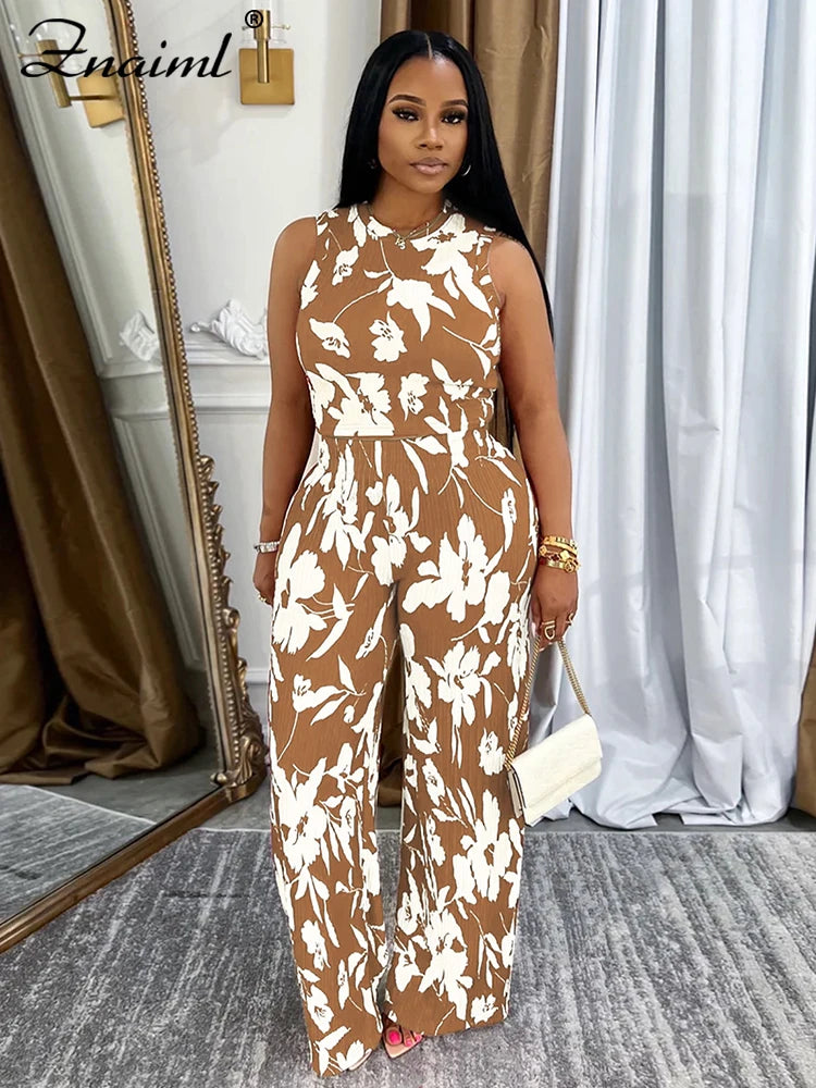 Znaiml Elegant Vacation Flowers Print O-Neck Tank Tops and Straight Wide Leg Pants 2 Pieces Women Sets Summer Birthday Outfits