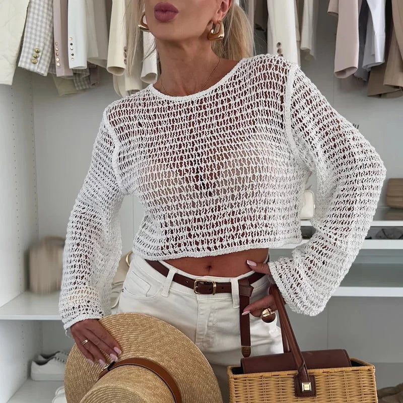 New Summer Beach Holiday Sunscreen Cover Up Blouses Sexy Long Sleeved Solid Pullover Casual O Neck Hollow Out Knitted Slim Tops