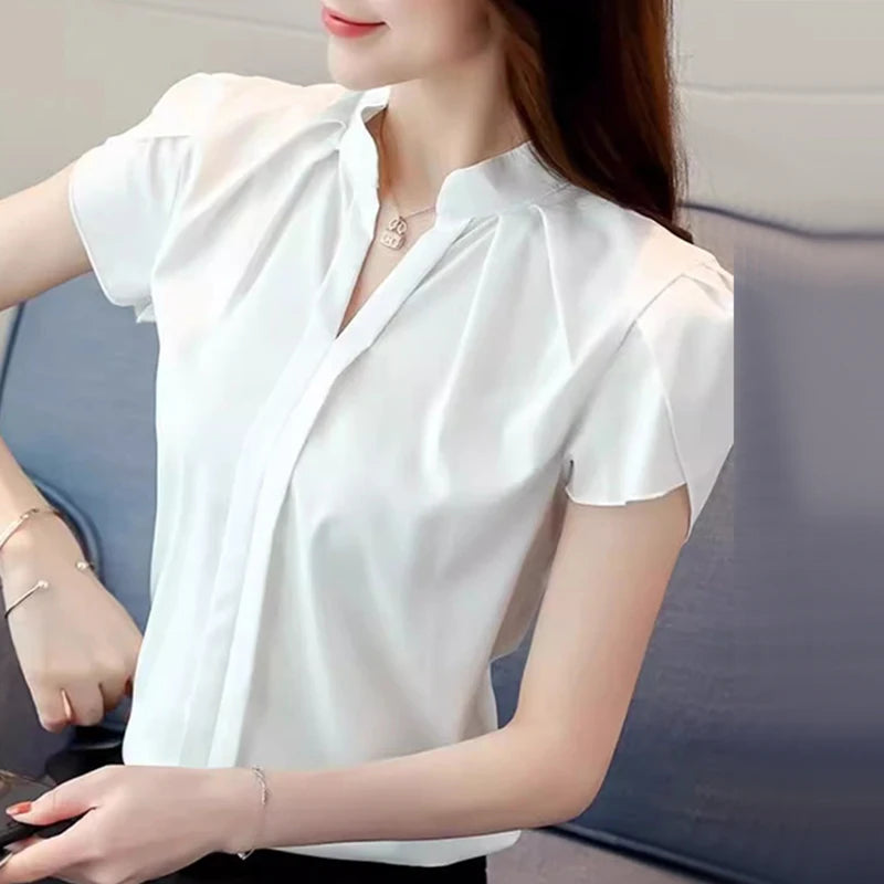 ZANZEA Formal Office V-neck Blusas Women Chiffon Blouses Elegant Ruffles Short Sleeve Tops 2024 Summer Solid Pleating Shirts