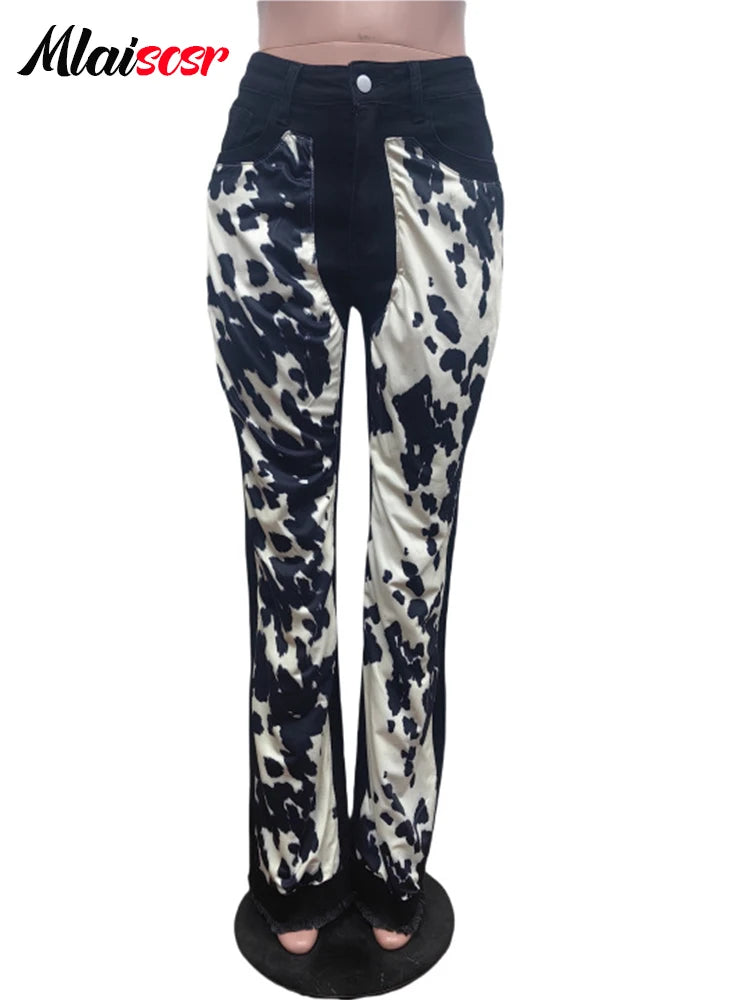 Mlaiscsr Fashion High Street Printed Patchwork Stretch Jeans Women Sales Button Boot Cut Denim Flare Pants Boyfriend Trousers