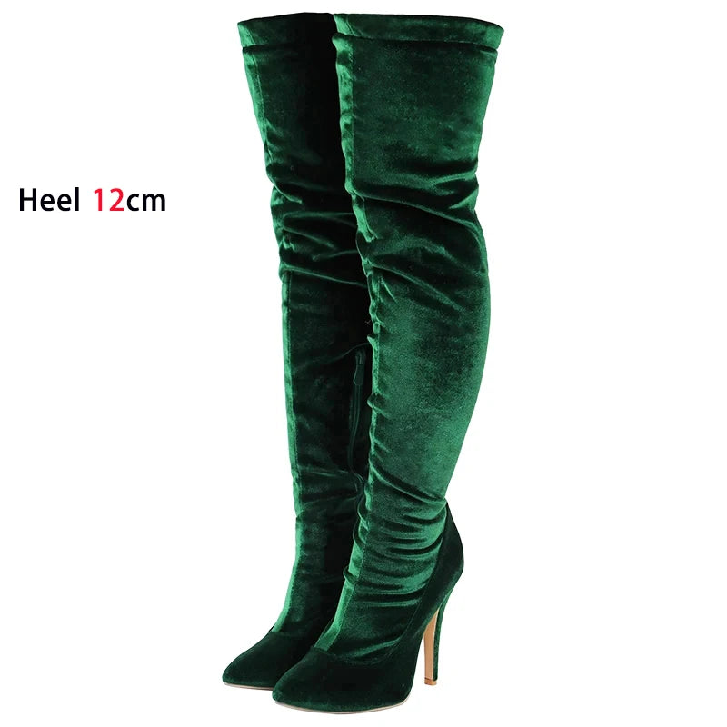 Velvet Pointed Toe Over The Knee Stiletto Boots for Women