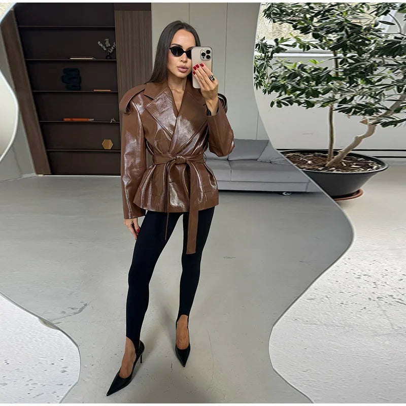 2025 Autumn Women's Jacket Vintage Laple Brown PU Leather Belt Pockets Jackets Female Fashion New Winter Loose Lady Streetwears