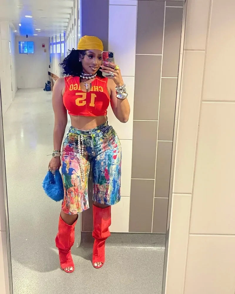 Summer Graffiti Colorful Painting Print Loose Casual Shorts Women High Waist Button Pockets Straight Short Trousers Streetwear