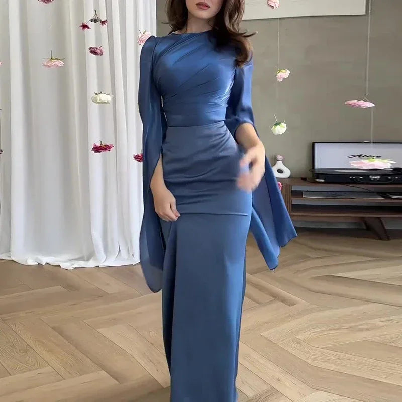 Women's Spring Solid Spliced Satin Maxi Dress Sexy O Neck Slim Bodycon Hip Long Dress Summer Batwing Sleeve Hollow Evening Dress