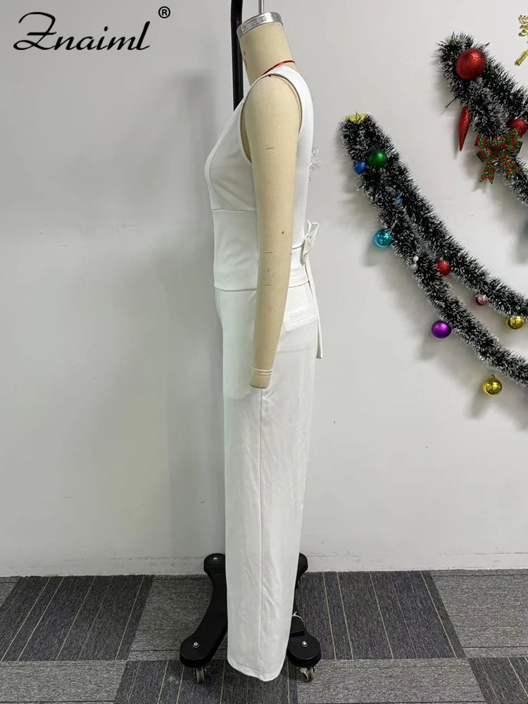 Znaiml Casual Wide Leg Pants Set Women Summer Sleeveless V Neck Backless Bowknot Tops Two 2 Piece Outfits Elegant Vacation 2025