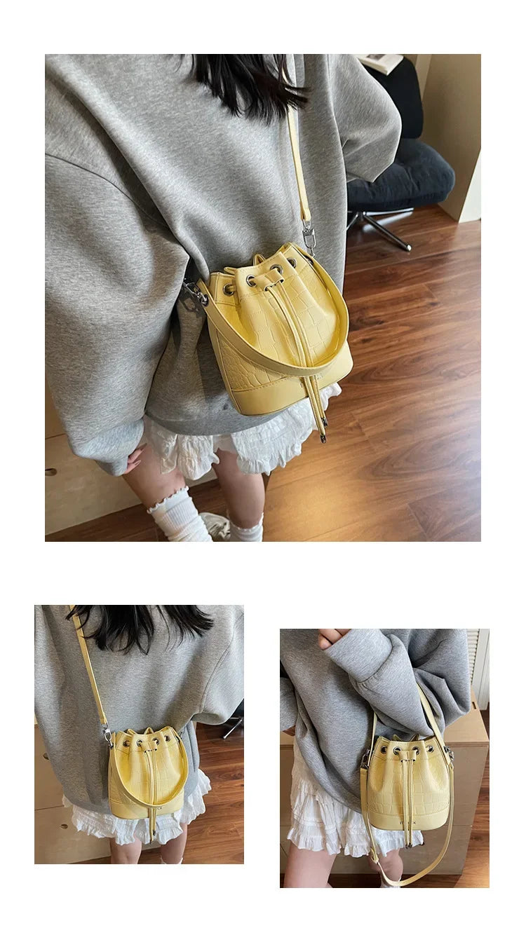 2025 New Trendy Women's Drawstring Tote Bag - Vintage Stone Texture Crossbody Satchel with Retro Minimalist Design