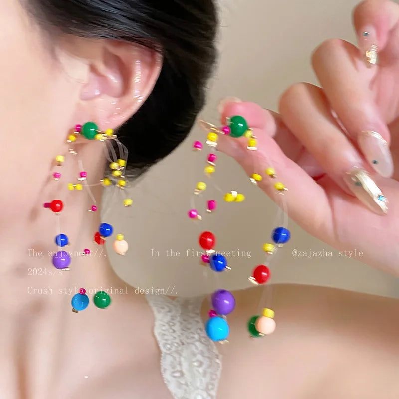 Girl's Long Colorful Beaded Earrings