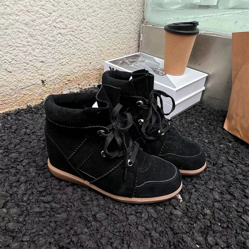 Brand Frosted Splicing Sneakers Women Fashion Versatile Casual High-top Shoes Inner Height Increase Textured Design Casual Shoes