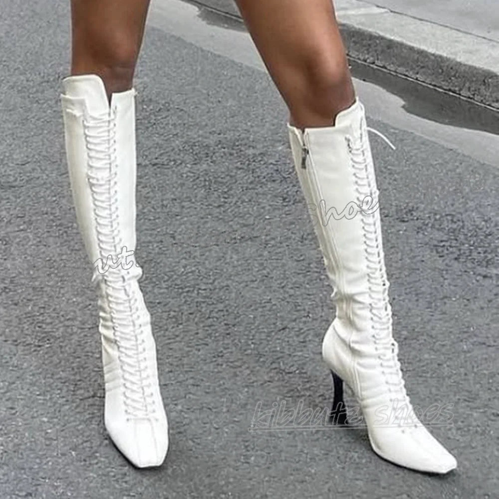 Sewing Knee High Boots Leather Lace-Up Patchwork Square Toe Kitten Heels Fashion Luxury Elegant Concise Sexy Women Shoes Newest
