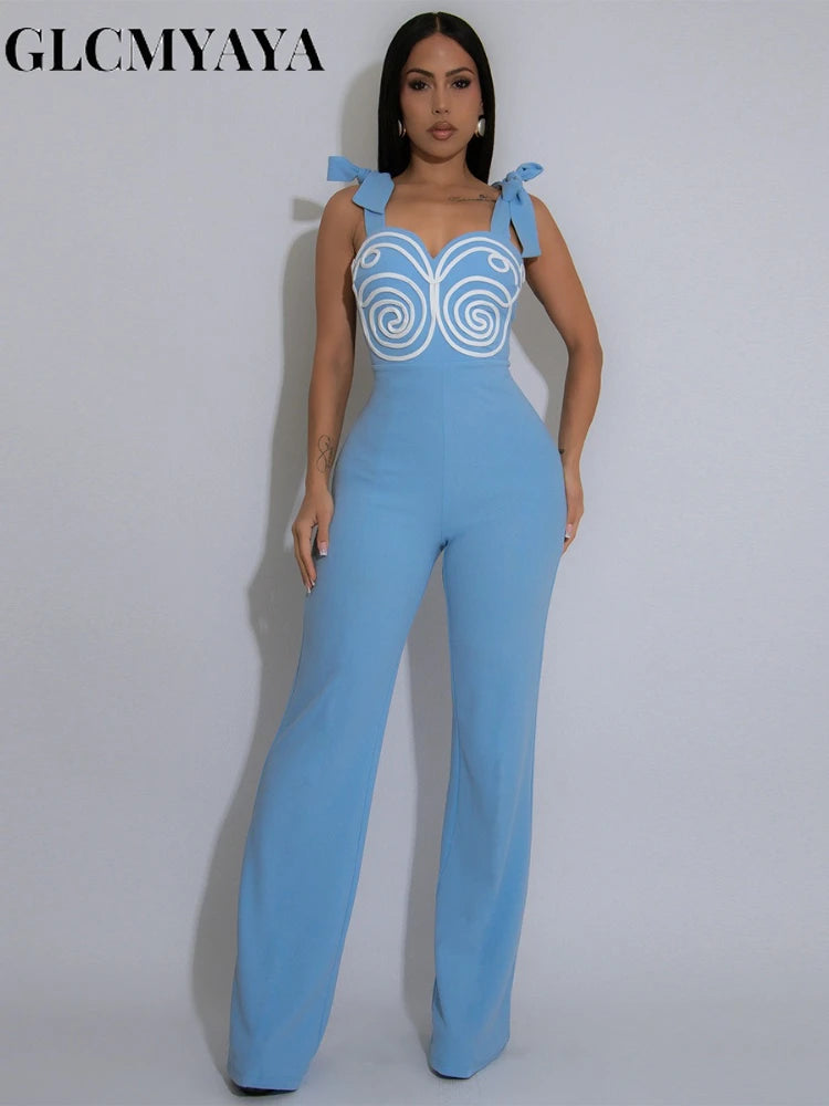 GLCMYAYA Women Geometric Applique Bowknot Shoulder Sleeveless Jumpsuits 2025 Summer Vacation One Piece Set Streetwear Outfits