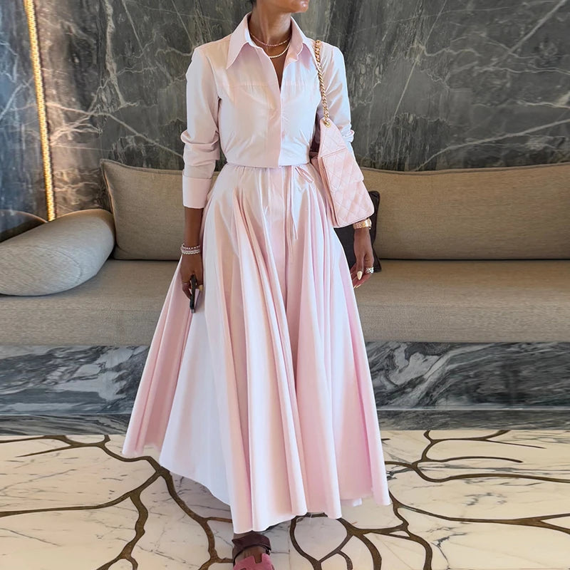 Solid Women's Casual Pleated Long Dress Fashion Lapel Full Sleeve Button Maxi Dress Lady 2025 Early Autumn Chic Street Robes