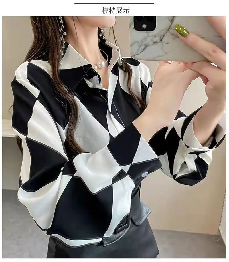 Shirt Women's Design Sense Niche Long-Sleeved Blousers 2025 Spring And Autumn Korean Retro Buttton Chiffon Shirt Top Printed 102