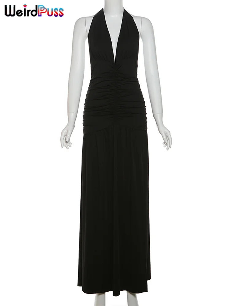 Weird Puss Deep V-Neck Halter Dress Woman Summer Ruffles Splits Backless Elegant Patchwork Solid Party Coquette Sexy Vestidos