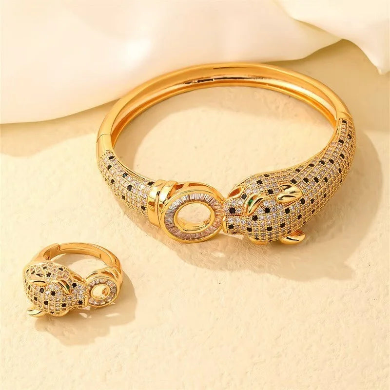 Leopard Pave Bracelet and Ring Jewelry Set for Women