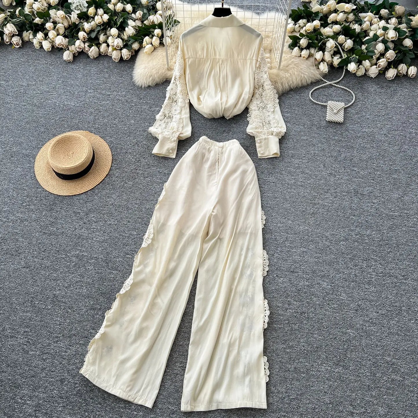 CM.YAYA Fashion Lace Embroidery Patchwork Women's Set Long Sleeve Shirt and Wide Leg Pants 2025 Vacation Two 2 Piece Sets Outfit