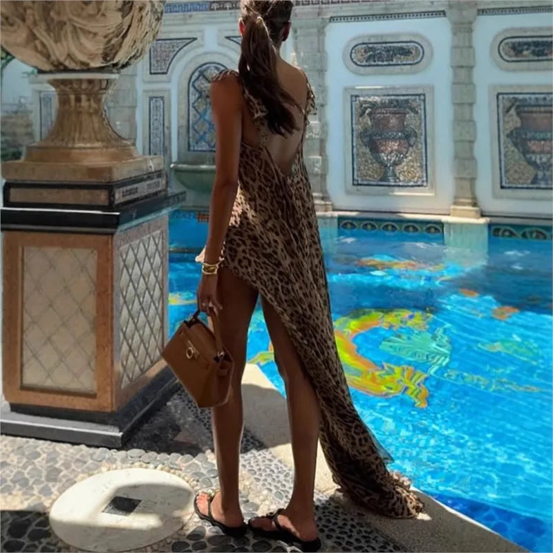 Woman Leopard Print Chiffon Set 2 Piece Summer Sexy Holiday Beach Chic Skirt Two Pieces Set Lady Wear Outfits