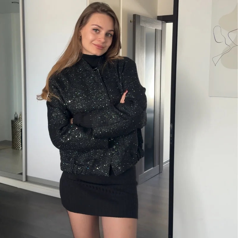 Suninheart Women's Sequined Bomber Jacket Fall O Neck Long Sleeve Pocket Stretch Hem Sequins Jacket Coat Female Chic Outerwear