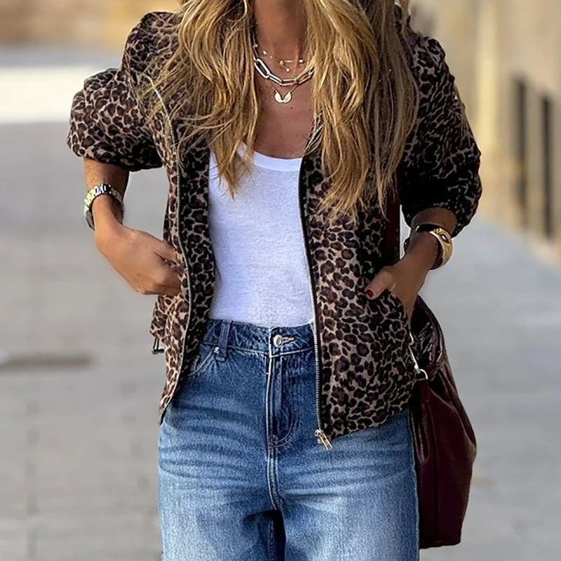 Elegant Chic Long Sleeve Zipper Pocket Loose Jacket Female Outwear Streetwear 2025 Spring Autumn Women Leopard Print Hooded Coat