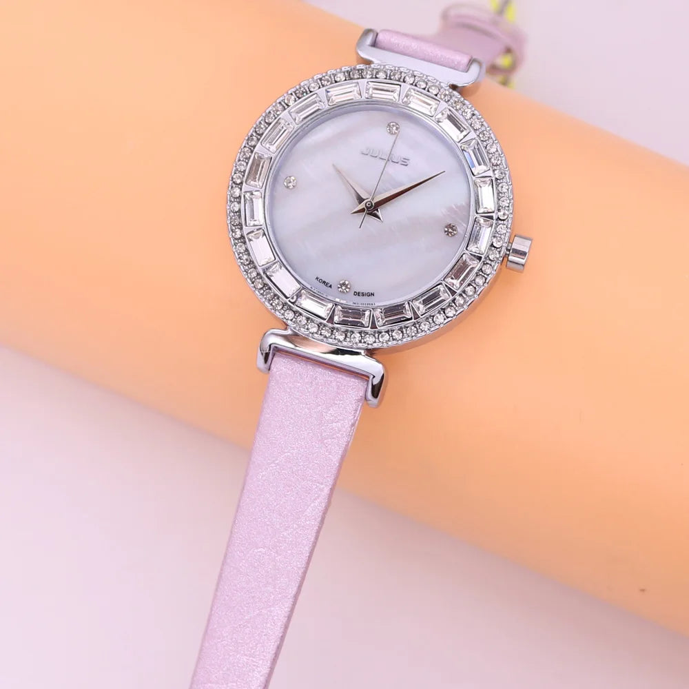 Mother-of-pearl Rhinestones Julius Lady Women's Watch Fashion Hours Bracelet Real Blue Leather Girl's Birthday Gift Box