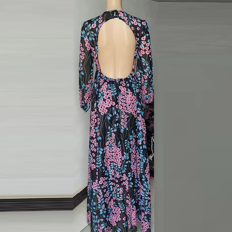 Sexy Backless Bohemian Evening Dress Spring Mesh Long Sleeve Party Dresses Vintage Chic Women O Neck Floral Print Dress Vestidos