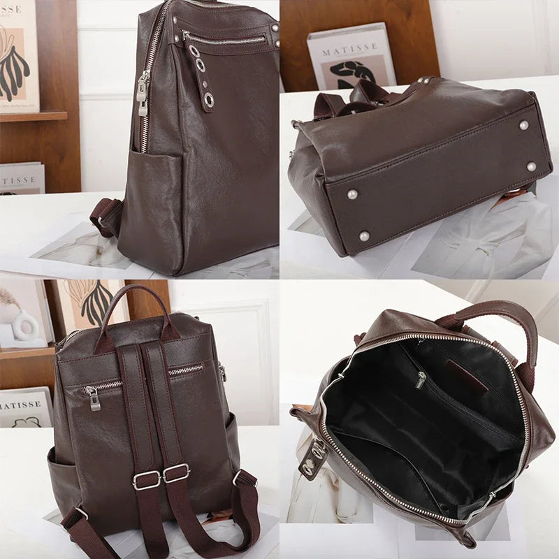 Women's Natural Cow Leather Backpacks Lady Cowhide Design Large Capacity Bags Female Retro Fashion Versatile Backpacks Ladies