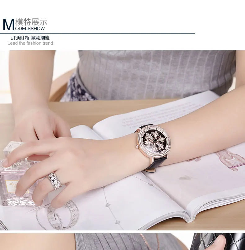 Luxury Davena Spin Snow Flower Women's Watch Japan Mov't Crystal Lady Hours Fine Fashion Real Leather Bracelet Girl's Gift Box
