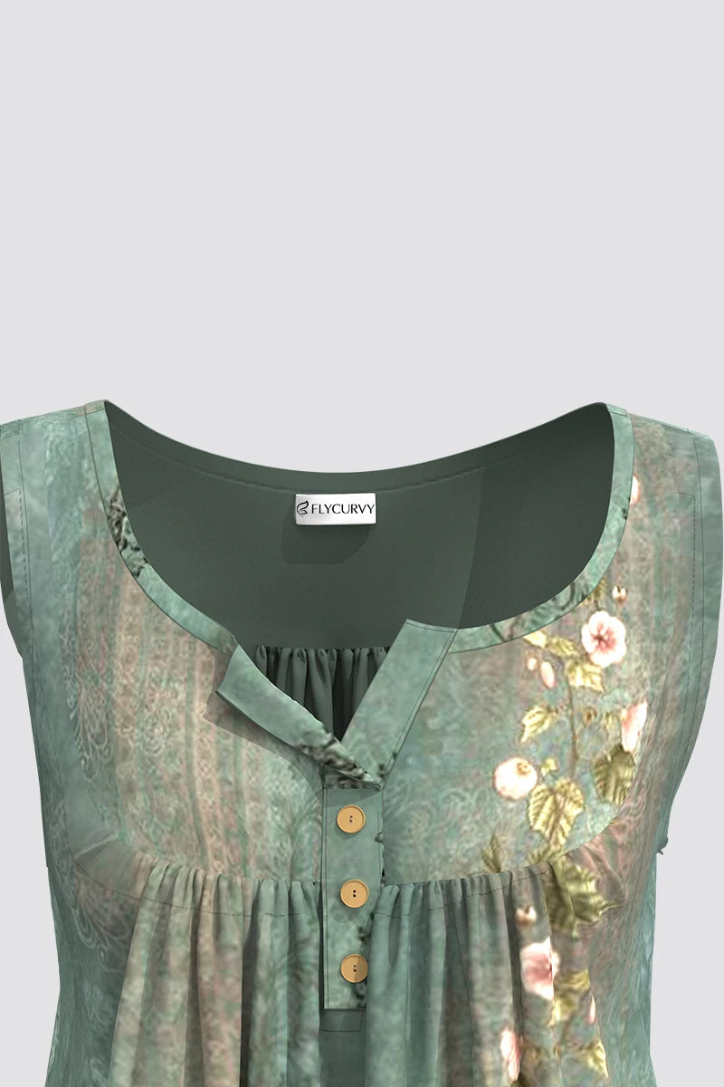 Flycurvy Plus Size Casual Green Retro Boho Floral Print pleated Tunic Tank Top