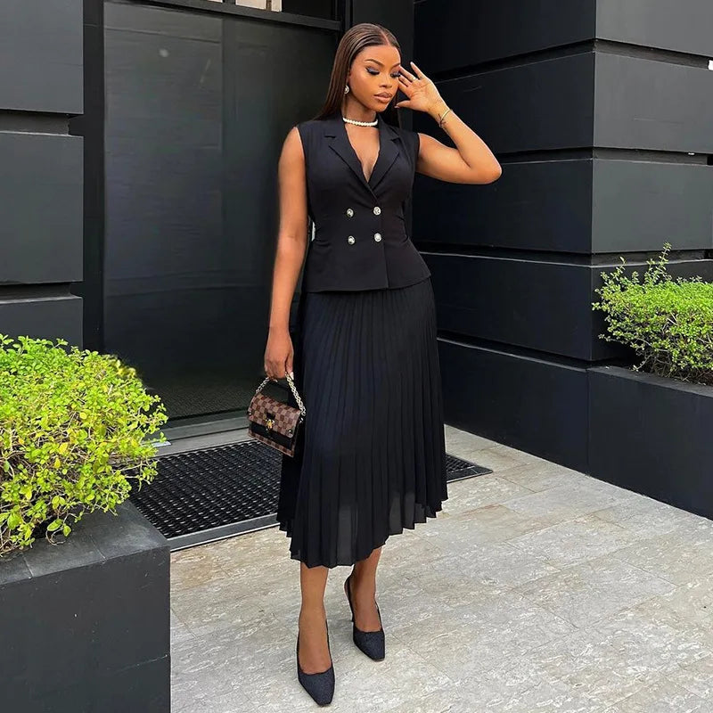CM.YAYA Street OL Work Women's Set Sleeveless Vest Tops and Pleated Skirts Suit 2024 Summer INS Two 2 Piece Set Outfit Tracksuit
