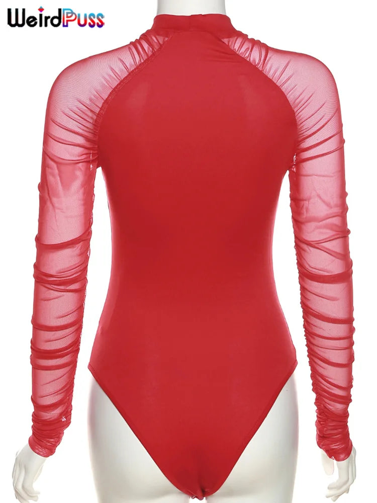 Weird Puss 2023 Mesh Patchwork Bodysuit Sexy Women Sleeve Ruched Skinny Turtleneck Bodycon Elegant Wild Tops Streetwear Outfits