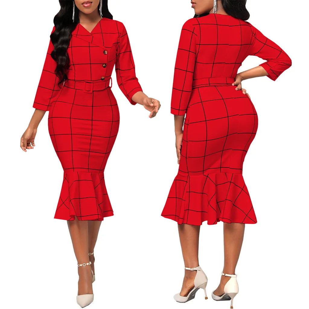 Sexy fashion solid color seven-quarter sleeve small V-neck women's dress SMR12189
