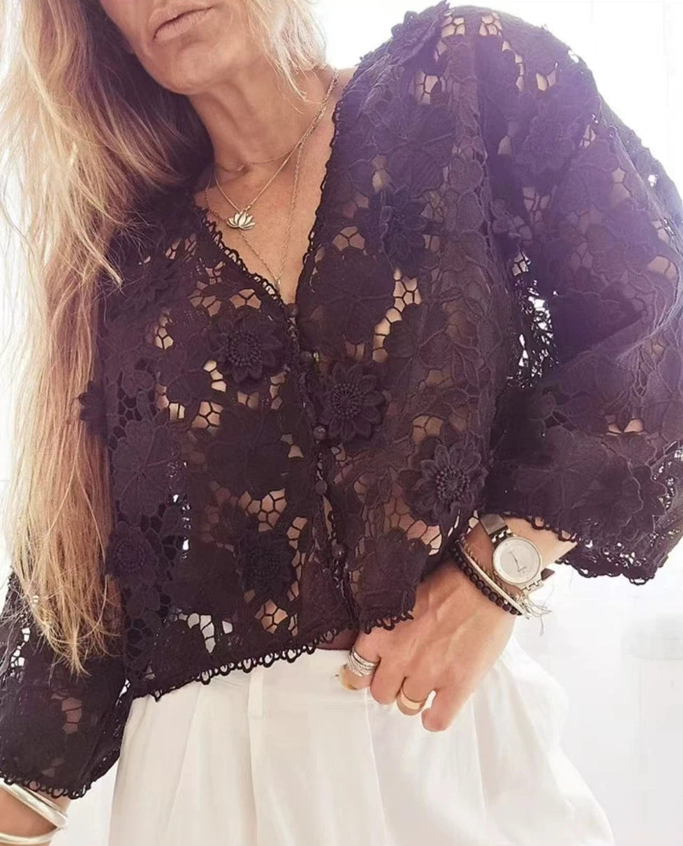 Summer Hollow Out Lace Loose Blouse Women V Neck Lace Flowers Single Breasted Long Sleeve Crop Tops Streetwear Fashion Shirts