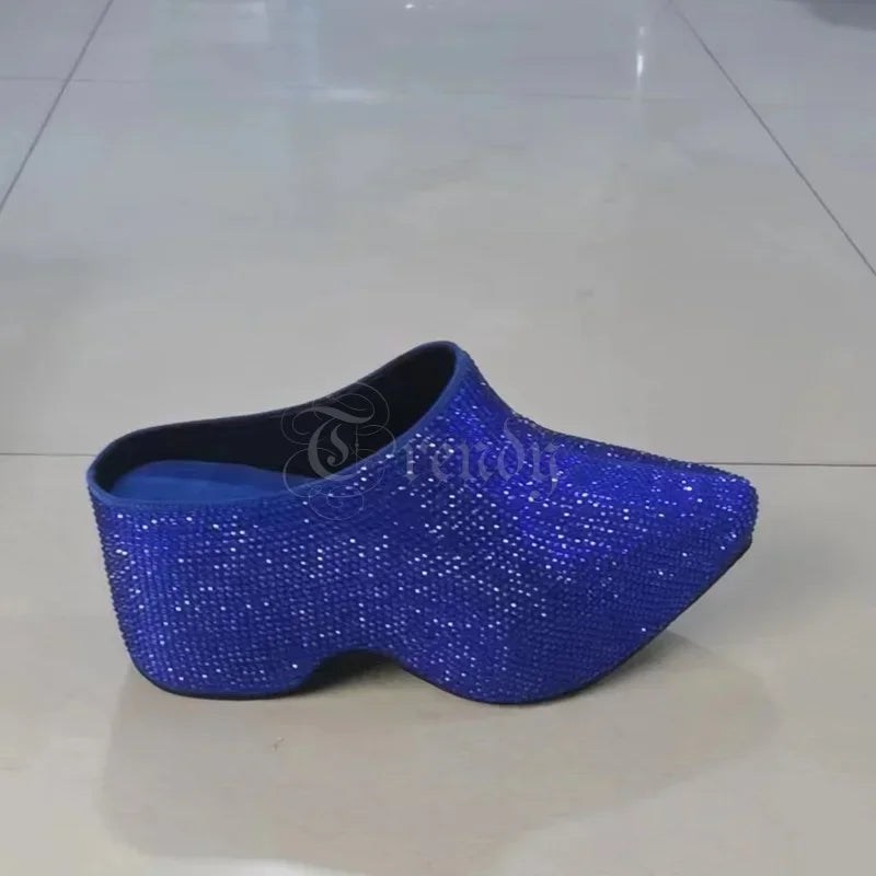 Black Mirror Leather Pointed Toe Crystal Slingback Mules For Women
