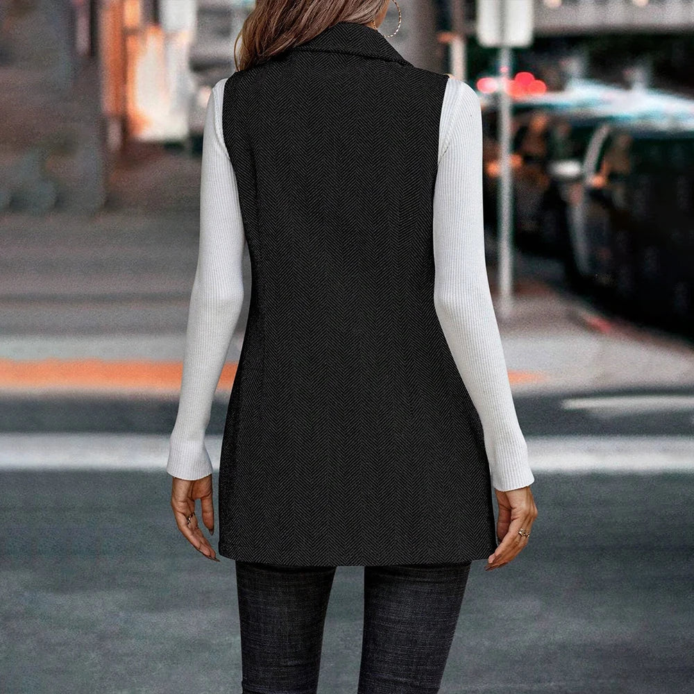 Women's Elegant Turn Down Collor Sleeveless Buttons Vest Blazer Coats Mid-Jackets Winter Ladies Office Work Outwear Outcoat S-XL