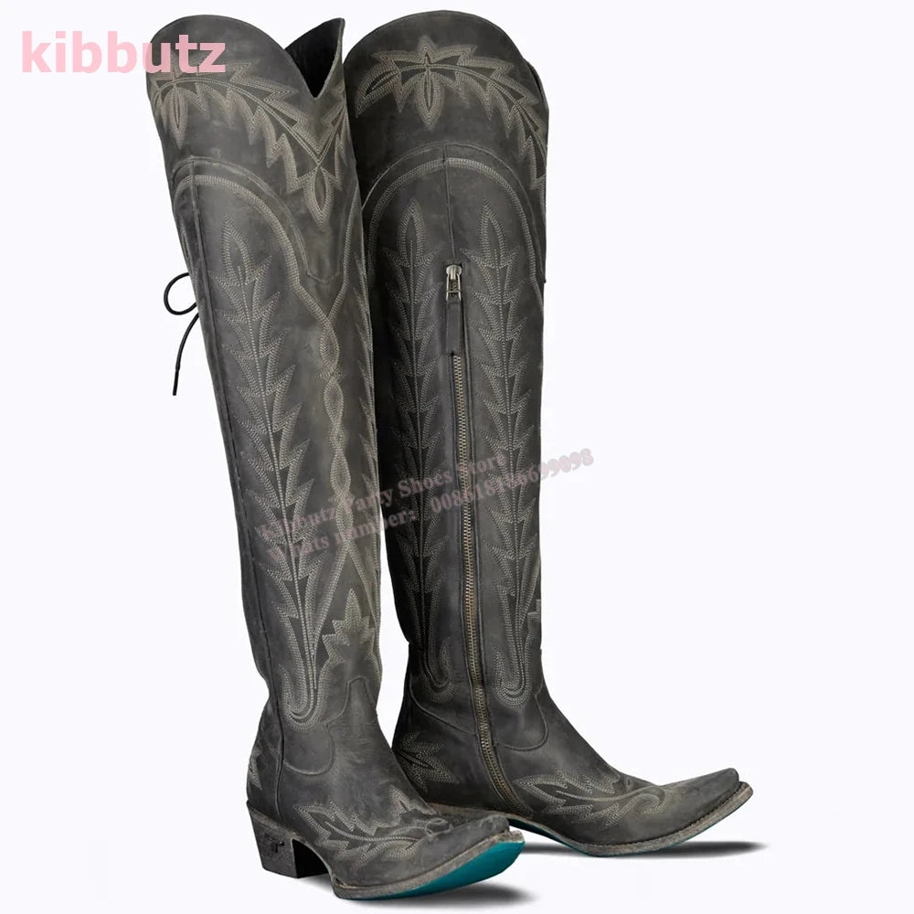 Rivet Cowboy Vintage Boots Over The Knee High Embroidery Lace-Up Luxury Leather Pointed Toe Chunky Heels Fashion Concise Shoes