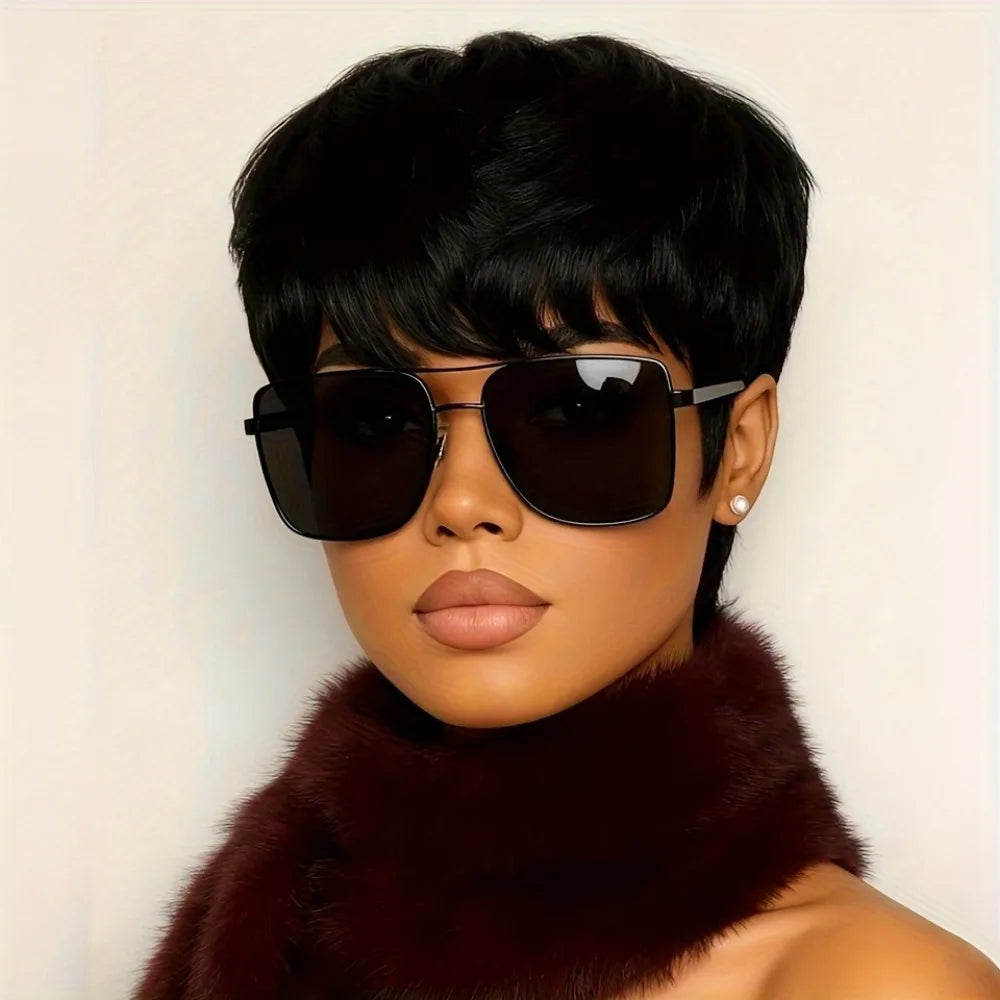 Natural Straight Human Hair Pixie Cut Wig With Bangs For Women