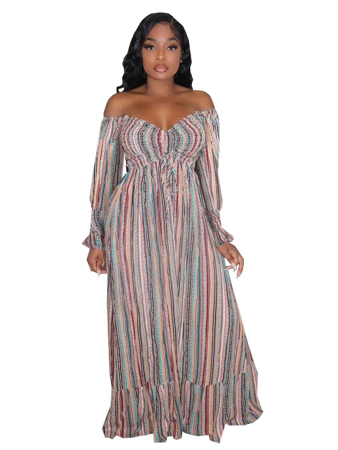 Women Striped Print Drawstring Full Sleeve Slash Neck Pleated Long Dress Fall Beach Party Prom Evening Dresses Vestidos