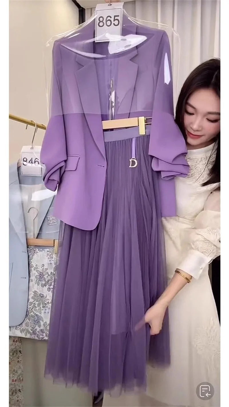 Female half Skirt Two Pieces Suit 2024 Spring Women Korean Dramas To Reduce Age Westernization Fashion Luxury Purple Suit Jacket