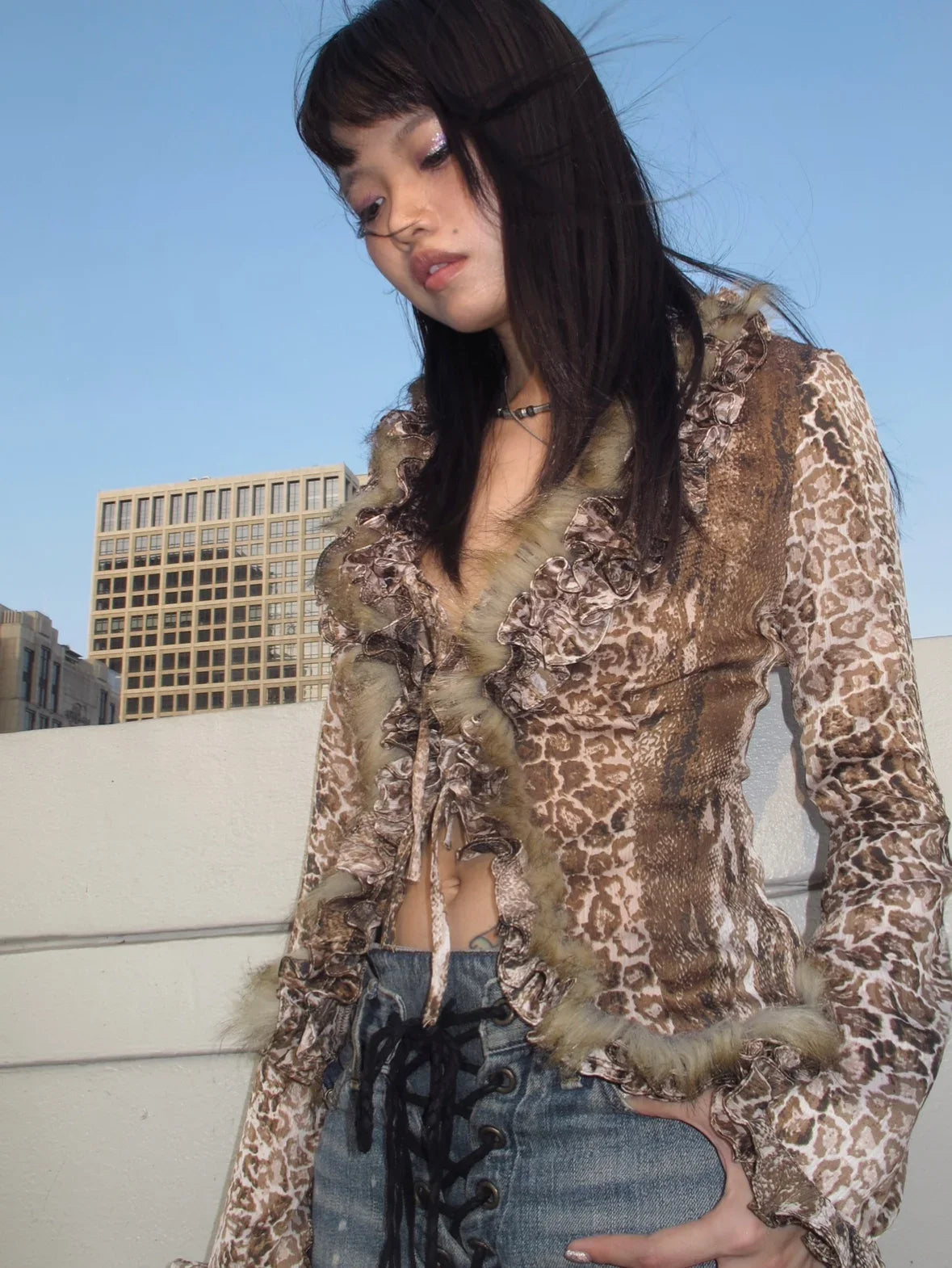 Karrram Japanese Y2k Leopard Print Shirt Vintage Harajuku Fur Shirt Grunge Aesthetics V-neck Irregular Blouses American Retro