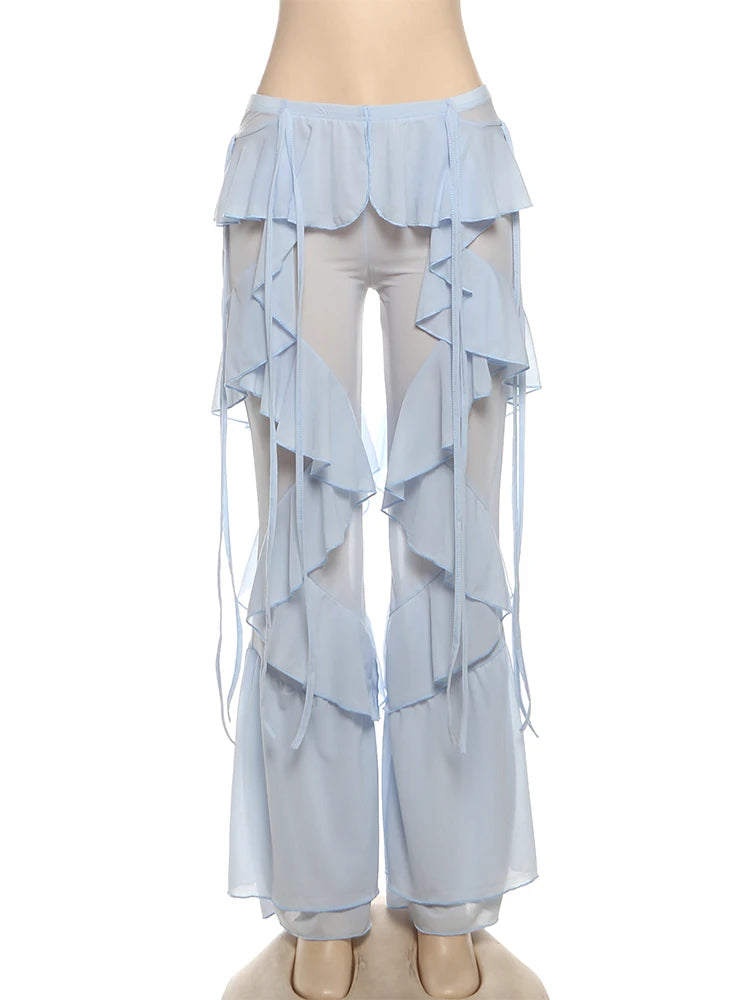 Weird Puss Irregular Tierred Flare Pants Women Y2K Patchwork See Through Summer Hipster Wild Basic Street Trend Classic Trousers