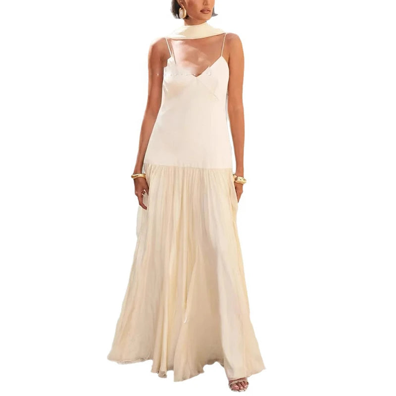 Elegant Ribbon Sleeveless Women Suspender Dress Sexy Backless Hollow Pleated Dress Summer Casual Solid Color V-neck Party Dress