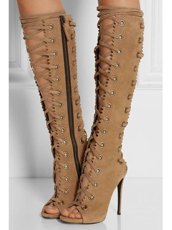 Peep Toe Cross Strap Knee High Heeled Boots for Women
