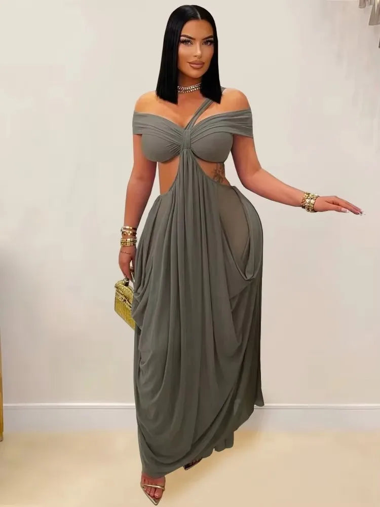 Joskaa 2025 Women's Elegant One Shoulder Strapless Mesh Irregular Maxi Dress Sexy Hollow Backless Skinny Evening Gown Clubwear